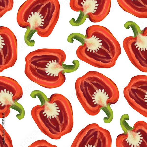 Fototapeta Seamless pattern red paprika in a cut on a white background. Digital art, imitation of oil. Autumn harvest, healthy food. Print for fabric and wrapping paper.