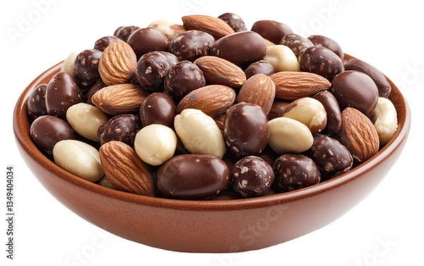 Fototapeta Chocolate covered nuts and almonds in glass bowl. Sweet treat with nuts isolated on Transparent Background. AI generative