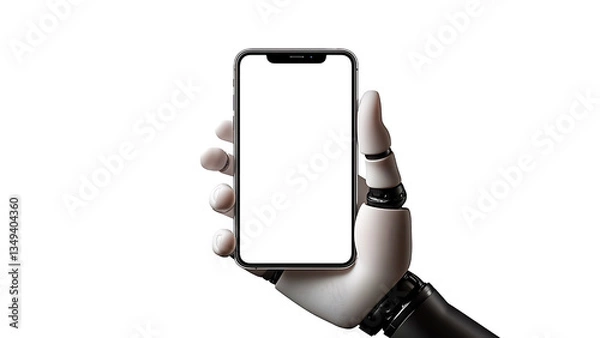 Fototapeta Robot hand holding a bezel-less smartphone with a blank white screen. Transparent background.