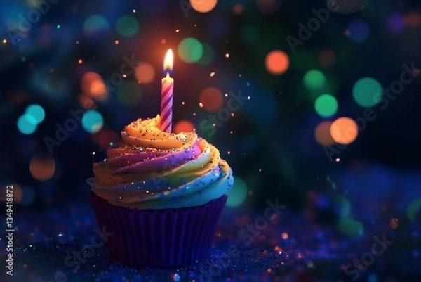 Fototapeta Celebrate with a vibrant cupcake topped with a glowing candle, surrounded by a sprinkle of birthday joy at night