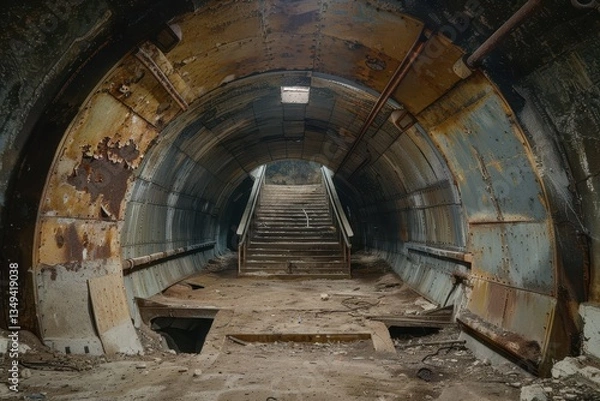Fototapeta Historical underground tunnel corridor with industrial design and greenish walls located in a decommissioned facility during late afternoon light