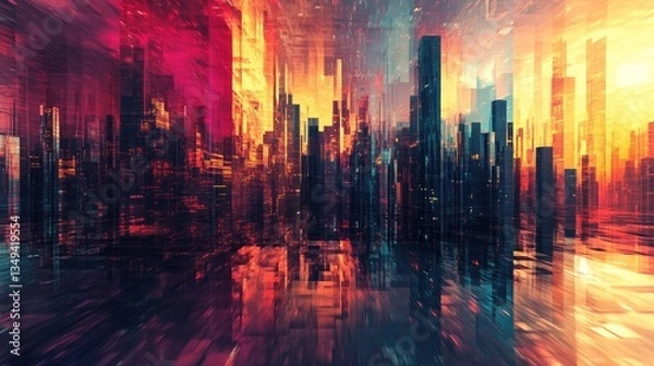 Fototapeta A Futuristic Cityscape at Sunset Digital Art Abstract Painting