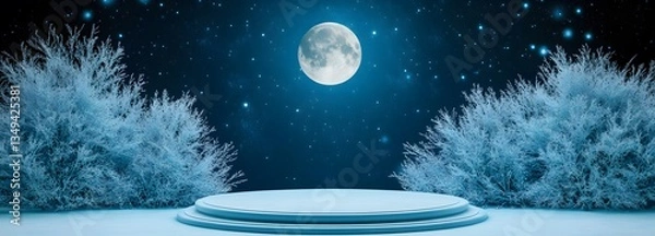 Fototapeta A podium wrapped in delicate frost patterns, glowing under a soft full moon.
