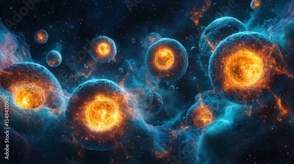 Fototapeta Cosmic Cellular Genesis: A Fiery Dance of Celestial Entities