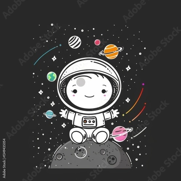 Fototapeta Smiling Cartoon Robot Astronaut Floating in Space with Planets and Stars