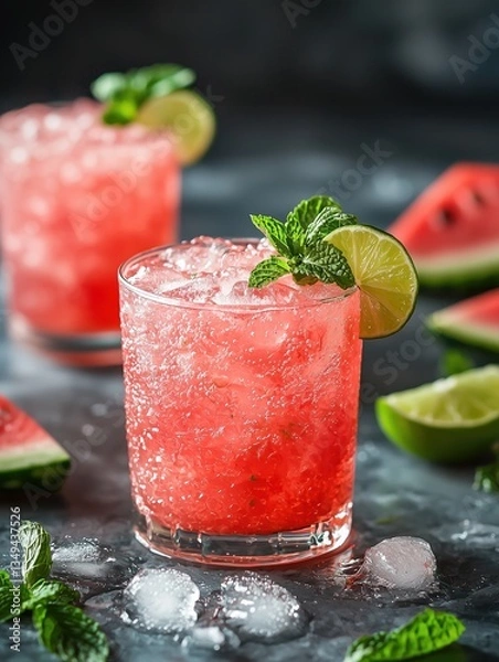Fototapeta Refreshing watermelon cocktails with mint and lime, served over ice, perfect for summer gatherings and celebrations.