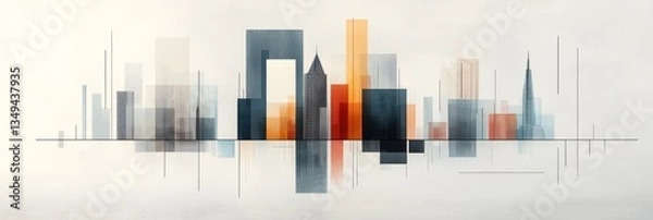 Fototapeta Abstract cityscape reflected in water, minimalist geometric buildings in muted tones