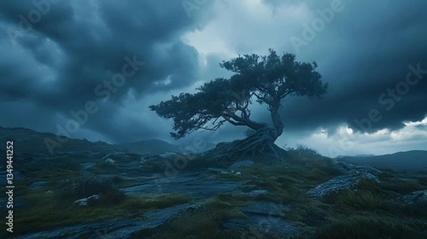 Fototapeta A majestic tree standing alone on a mountain with dark stormy clouds rolling in over a wide expansive landscape below