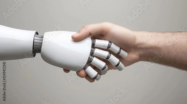 Fototapeta Robot engaging in a friendly handshake with a businessman signifying ai collaboration in the corporate world