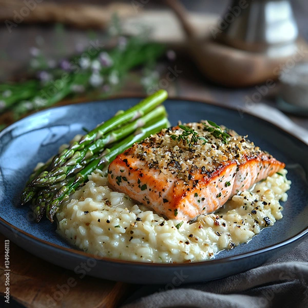 Fototapeta Delicious salmon fillet served on bed of creamy risotto, accompanied by fresh asparagus. dish is garnished with herbs, creating visually appealing and appetizing meal