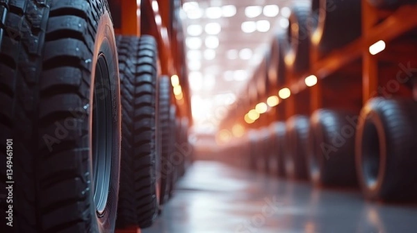 Fototapeta Car Tires in Warehouse, Showcasing the Scale and Efficiency of the Automotive Industry and Vehicle Parts Storage