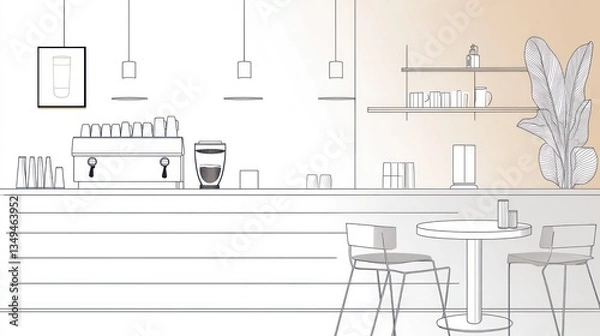 Fototapeta Modern cafe interior sketch, coffee bar, customers, simple design, interior background