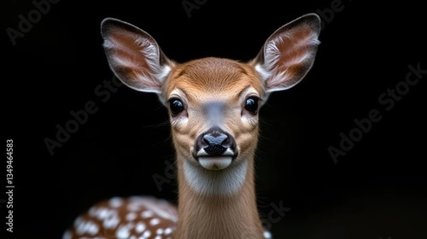 Fototapeta Close-up of a young deer, facing forward, with large ears and spotted tail