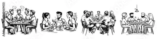 Fototapeta Friends enjoying a casual gathering in a cozy restaurant setting during an evening with lively conversation