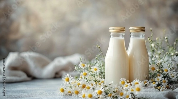 Obraz Two bottles of milk placed beside delicate wildflowers against a soft, neutral background, creating a serene and fresh atmosphere. 