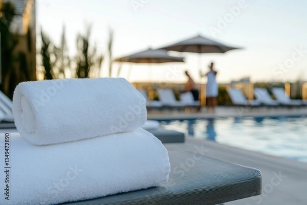 Fototapeta An artistic view featuring pristine towels near a tranquil pool, evoking a sense of luxury and inviting relaxation in a stylish resort environment.
