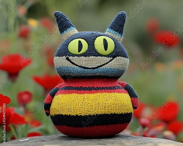 Obraz A colorful hand knitted toy cat with expressive features is shown