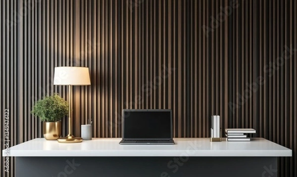 Fototapeta Modern workspace with laptop and lamp