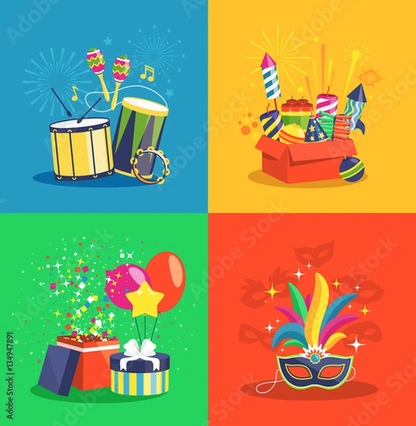 Fototapeta Carnival Concept with Music Pyrotechnics Gifts and Masks