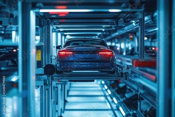 Fototapeta A blue car is being lifted by an automated parking system in a modern, futuristic garage.