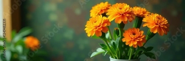 Fototapeta Orange marigold flowers in a vase with greenery, colorful, greenery