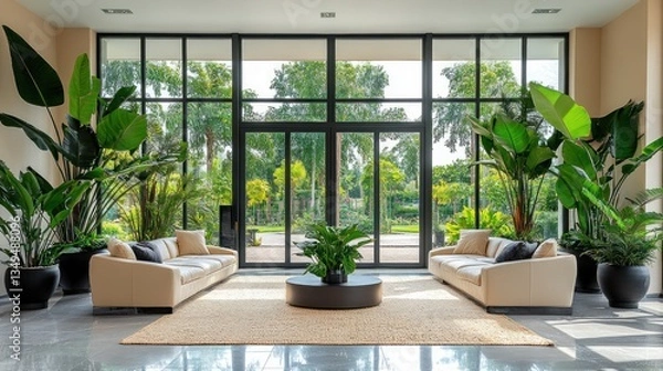 Fototapeta Luxurious living space with large windows, sofas, and tropical plants