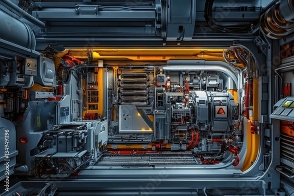 Fototapeta Intricate futuristic machinery, complex internal workings, glowing orange accents, sci-fi technology.