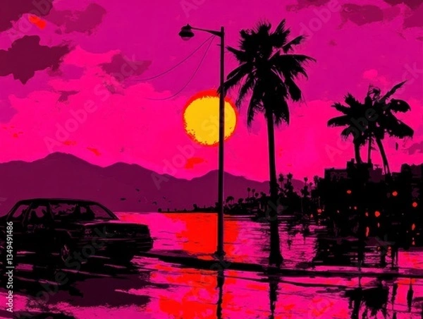 Fototapeta Vibrant sunset over a coastal road with palm trees and a car
