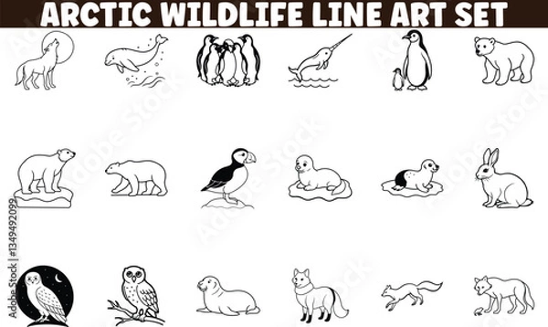 Fototapeta Arctic Wildlife Line Art Set Polar Bear, Penguin, Wolf, Seal Illustrations