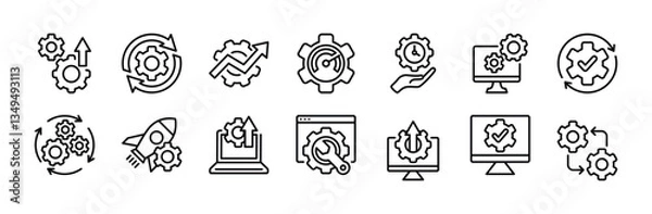 Obraz Optimization technology thin line icon set. Containing automated process development, progress, update, upgrade, speed, efficient time, setup, startup, performance, website, operation, machine vector