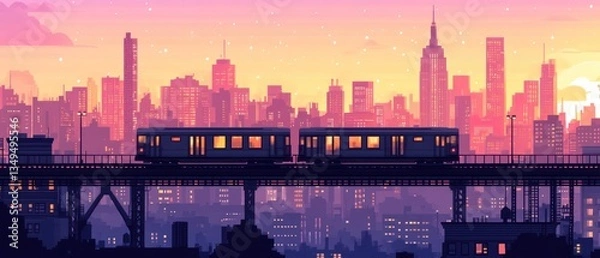 Obraz Digital artwork depicting a train traveling through a city landscape