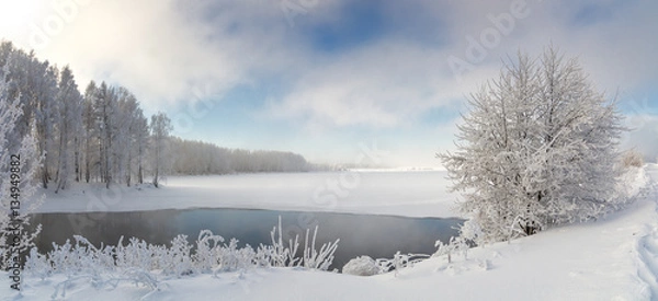 Obraz зимний пейзаж на берегу реки с туманом и с деревьями в инее, Россия, Урал, февраль 