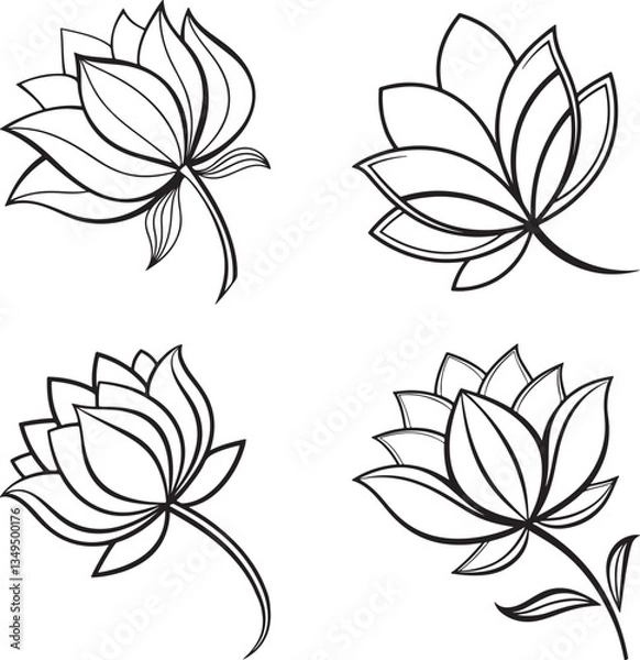 Fototapeta Vector illustration of four black and white lotus flowers accompanied by leaves, forming a logo icon set