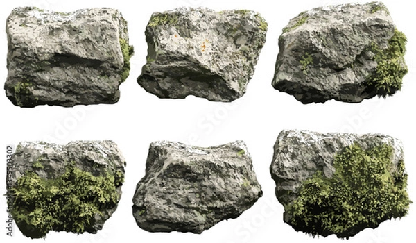 Fototapeta Mossy stone vector backgrounds, transparent cut out PNG file, realistic nature rock texture, isolated moss-covered stone, decorative element, green stone surface, 3D rock clipart