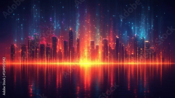 Fototapeta Futuristic city skyline at night with vibrant neon lights reflecting on water
