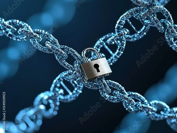 Fototapeta A digital illustration of a DNA strand secured with a padlock, symbolizing genetic security and privacy in biotechnology.
