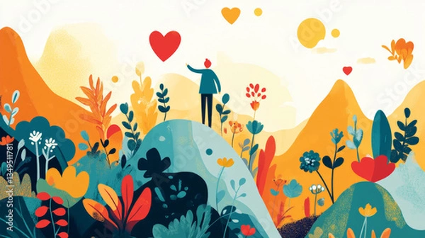 Fototapeta An illustration representing fundamental human needs and personal development in various aspects of life, focusing on happiness, fulfillment, work, and relationships, presented in a flat vector style
