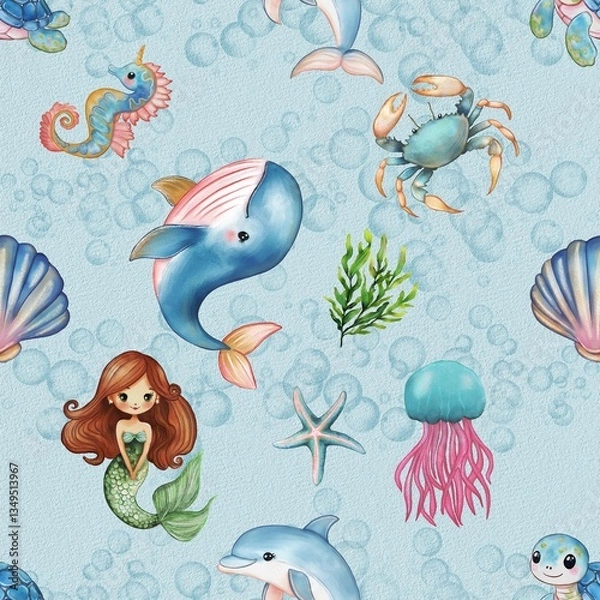 Fototapeta A whimsical watercolor glitter pattern featuring cute cartoon turtles and jellyfish on a light blue background. The turtles are smiling and have a colorful shell