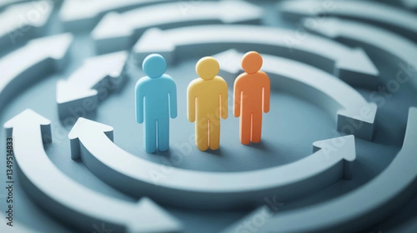 Fototapeta A 3D abstract pictogram illustrating HR updates, featuring three human icons within circular arrows, symbolizing workforce changes, employee retention, and personnel transitions