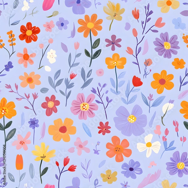 Fototapeta Happy flowers in seamless purple pattern illustrations