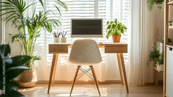 Fototapeta A bright and airy workspace featuring a wooden desk, ergonomic chair, indoor plants, and neutral colors, creating a perfect work-from-home environment. Great for productivity and lifestyle content.