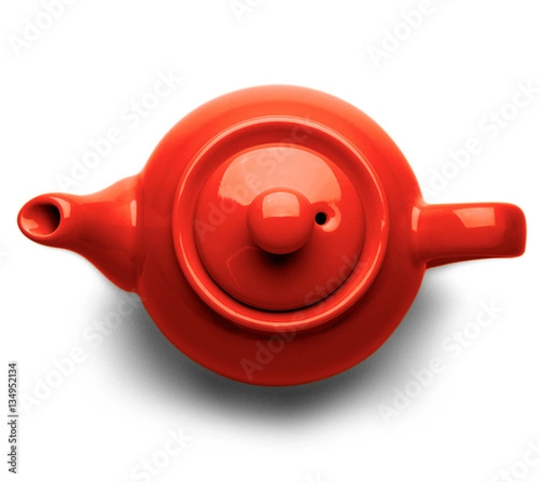 Fototapeta Red ceramic teapot isolated on white background, top view
