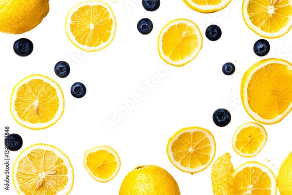 Fototapeta Sliced Lemons and Blueberries on Black Backdrop, cut out transparent