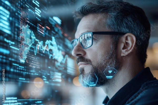 Fototapeta focused professional analyzes digital data trends on futuristic interface, showcasing blend of technology and human insight. atmosphere conveys innovation and analytical thinking