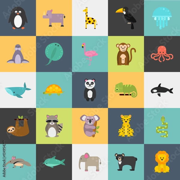 Fototapeta Set of funny color flat animals icons