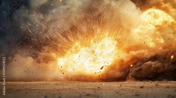 Fototapeta Massive tank explosion sends debris flying in intense fireball, showcasing the sheer power of military warfare in a dramatic setting