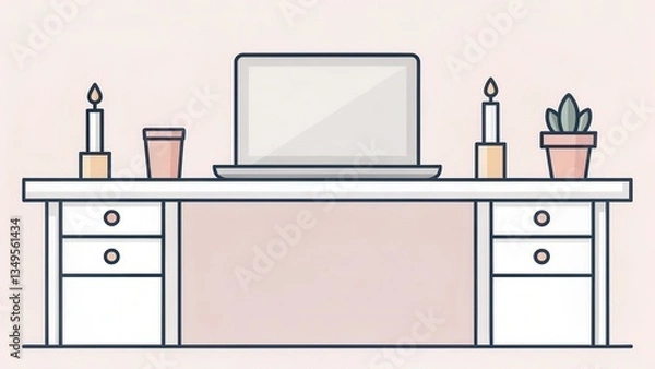 Fototapeta Minimalist desk setup with a laptop, candles, and a potted plant.
