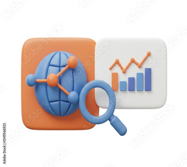 Obraz Global Business Analytics 3D Growth Chart Network Magnifying Glass