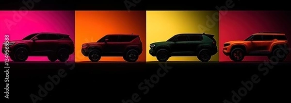 Fototapeta SUV cars in different colors against colorful backgrounds, ideal for automotive advertising, branding, and promotional materials highlighting vehicle styles.