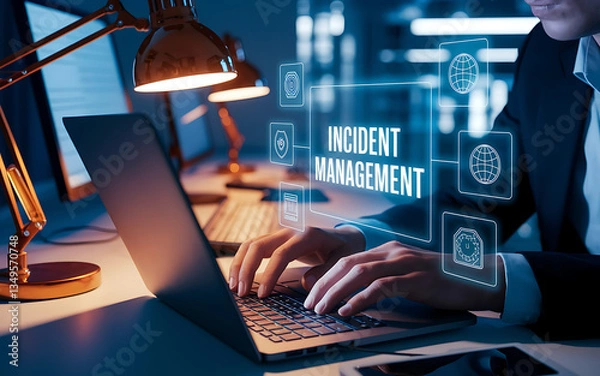 Fototapeta Incident Management System for Cybersecurity and IT Operations,  IT security, network security, incident response system, risk management, security alerts, security automation, IT monitoring.